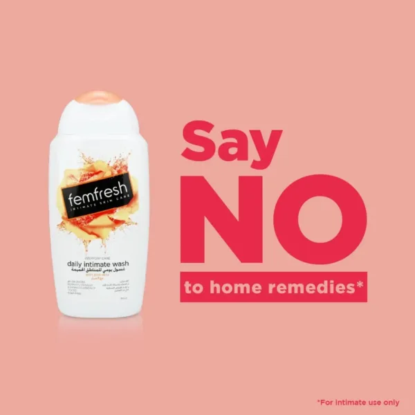 A bottle of FemFresh Intimate Wash with aloe vera, a gentle and soap-free daily cleanser formulated to maintain the natural pH balance of your intimate area and keep your skin refreshed.