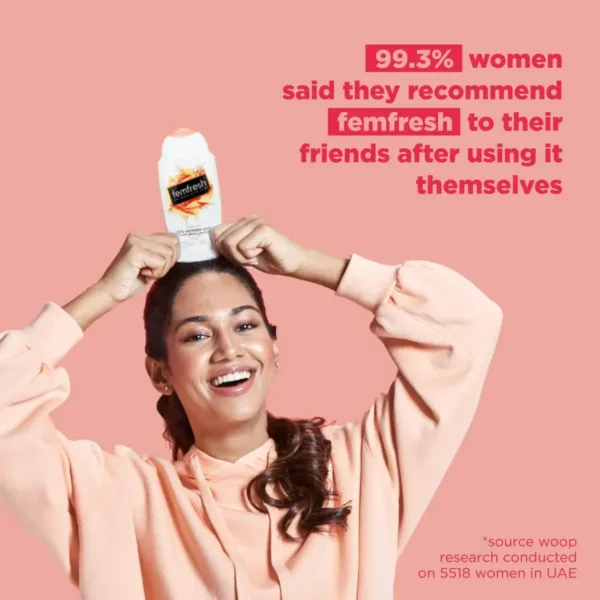 A bottle of FemFresh Intimate Wash with aloe vera, a gentle and soap-free daily cleanser formulated to maintain the natural pH balance of your intimate area and keep your skin refreshed.