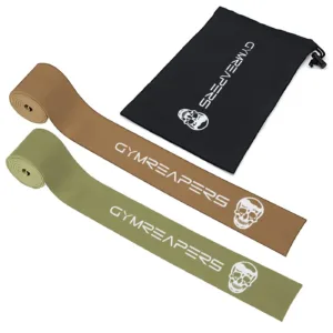 This set of Gymreapers floss bands includes two compression stretch bands in different thicknesses to help reduce soreness, improve range of motion, and increase mobility for effective muscle recovery.