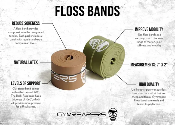This set of Gymreapers floss bands includes two compression stretch bands in different thicknesses to help reduce soreness, improve range of motion, and increase mobility for effective muscle recovery.