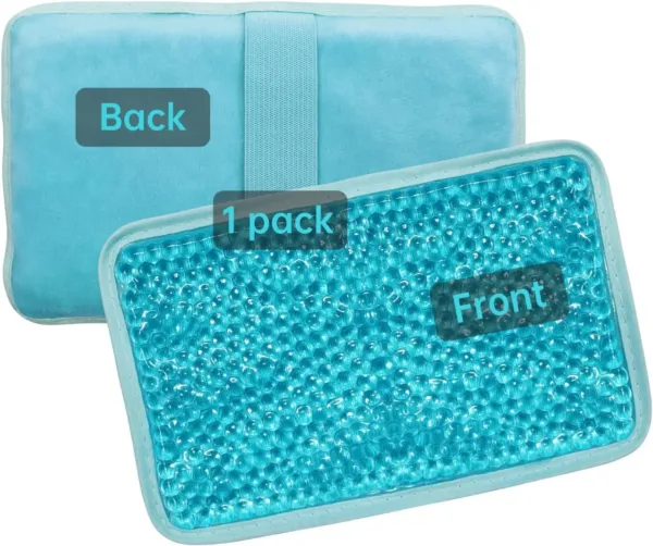 Blue reusable gel ice pack with strap providing hot or cold compress therapy for knee, shoulder, foot, back, ankle, neck, hip, elbow, and wisdom tooth pain relief.