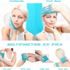 Blue reusable gel ice pack with strap providing hot or cold compress therapy for knee, shoulder, foot, back, ankle, neck, hip, elbow, and wisdom tooth pain relief.