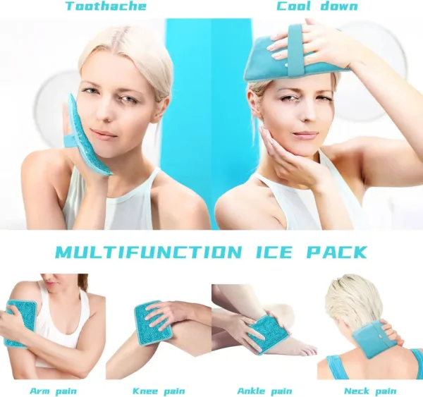 Blue reusable gel ice pack with strap providing hot or cold compress therapy for knee, shoulder, foot, back, ankle, neck, hip, elbow, and wisdom tooth pain relief.