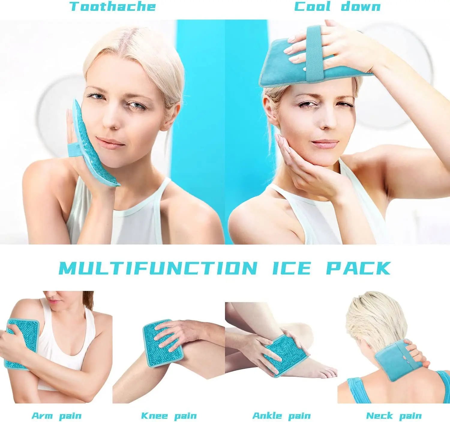 Blue reusable gel ice pack with strap providing hot or cold compress therapy for knee, shoulder, foot, back, ankle, neck, hip, elbow, and wisdom tooth pain relief.