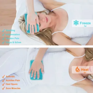 Blue reusable gel ice pack with strap providing hot or cold compress therapy for knee, shoulder, foot, back, ankle, neck, hip, elbow, and wisdom tooth pain relief.