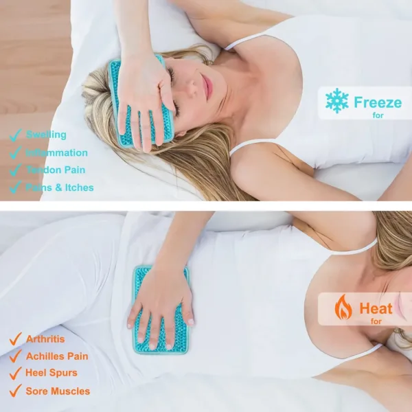 Blue reusable gel ice pack with strap providing hot or cold compress therapy for knee, shoulder, foot, back, ankle, neck, hip, elbow, and wisdom tooth pain relief.