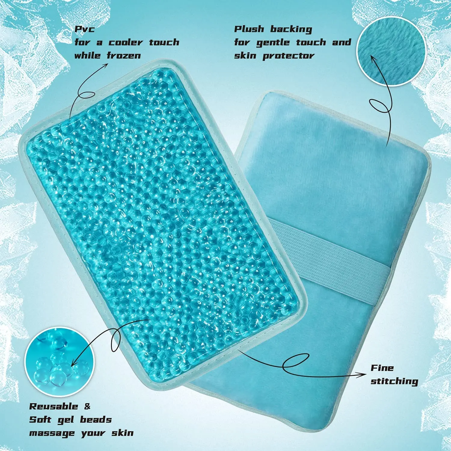 Blue reusable gel ice pack with strap providing hot or cold compress therapy for knee, shoulder, foot, back, ankle, neck, hip, elbow, and wisdom tooth pain relief.