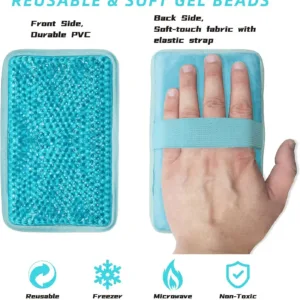 Blue reusable gel ice pack with strap providing hot or cold compress therapy for knee, shoulder, foot, back, ankle, neck, hip, elbow, and wisdom tooth pain relief.