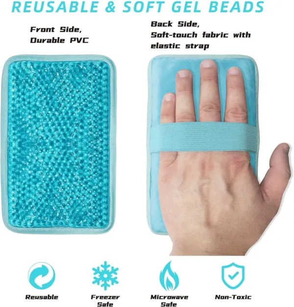 Blue reusable gel ice pack with strap providing hot or cold compress therapy for knee, shoulder, foot, back, ankle, neck, hip, elbow, and wisdom tooth pain relief.