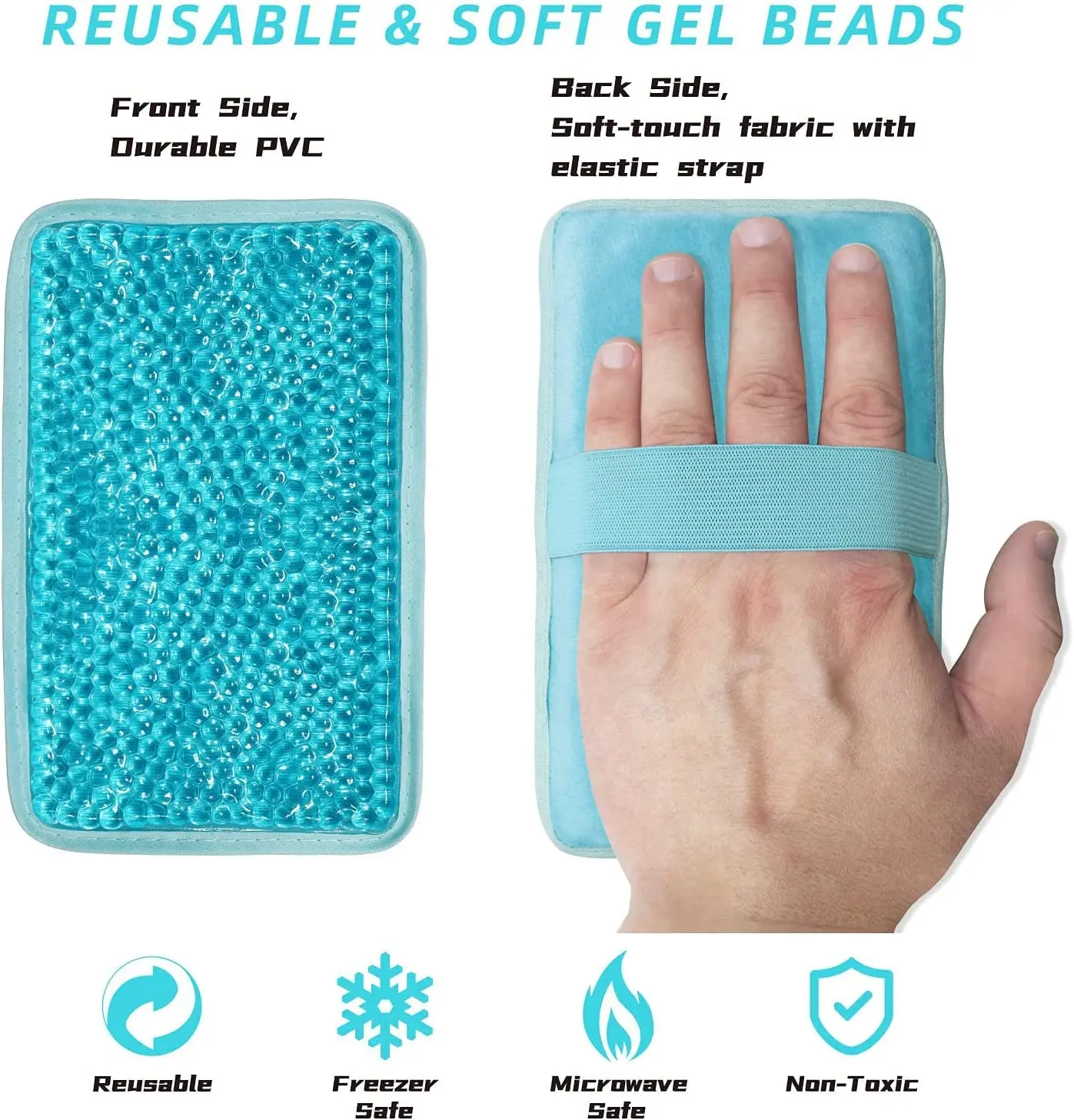 Blue reusable gel ice pack with strap providing hot or cold compress therapy for knee, shoulder, foot, back, ankle, neck, hip, elbow, and wisdom tooth pain relief.