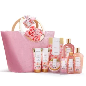This 10-piece rose-scented spa gift set for women includes bath bombs, body lotion, and a tote bag, perfect as a birthday or Mother's Day gift for relaxation and skin nourishment.