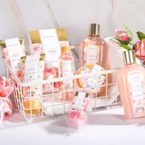 This 10-piece rose-scented spa gift set for women includes bath bombs, body lotion, and a tote bag, perfect as a birthday or Mother's Day gift for relaxation and skin nourishment.