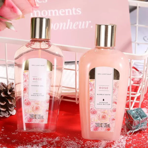 This 10-piece rose-scented spa gift set for women includes bath bombs, body lotion, and a tote bag, perfect as a birthday or Mother's Day gift for relaxation and skin nourishment.