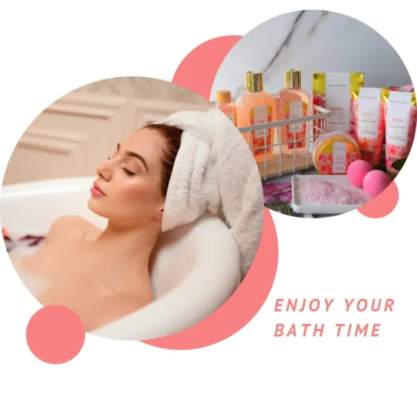 This 10-piece rose-scented spa gift set for women includes bath bombs, body lotion, and a tote bag, perfect as a birthday or Mother's Day gift for relaxation and skin nourishment.