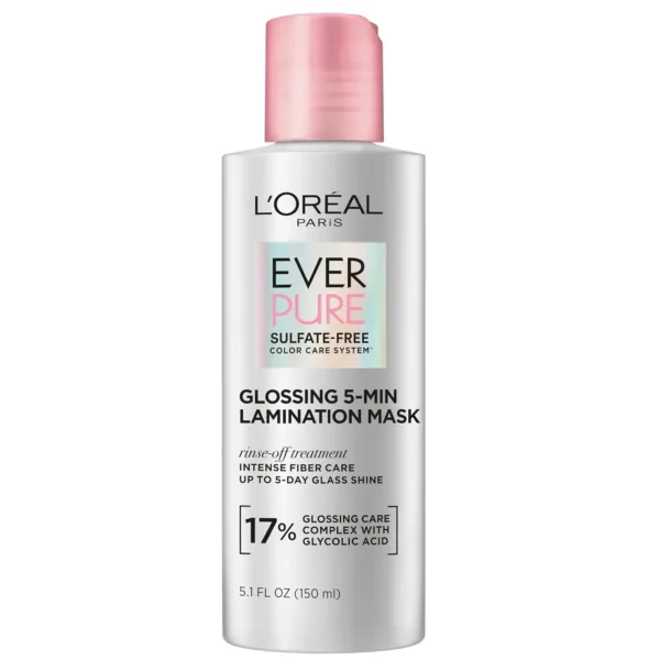 L'Oreal Paris EverPure glossing hair mask with glycolic acid provides lasting shine and smoothness for dull, dry, color-treated hair.