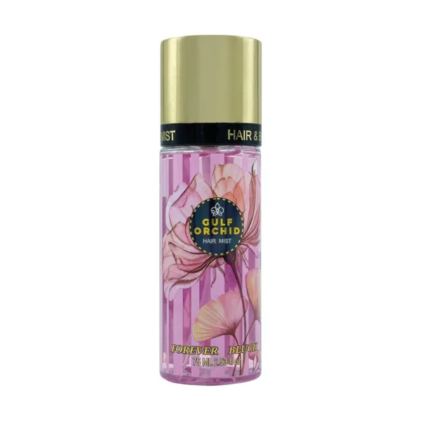 Gulf Orchid Forever Bluch hair mist in a 75ml bottle, a floral fragrance with yuzu, pomegranate, and water top notes, peony, lotus, and magnolia middle notes, and musk, mahogany, and amber base notes, offering a delicate scent for hair.
