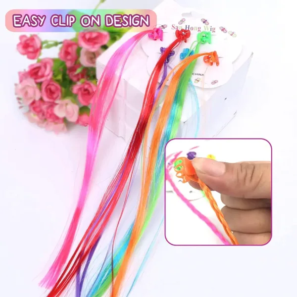 These colorful clip-in hair extensions for girls are made of high-quality nylon and feature secure clips for easy attachment, perfect for adding a fun, vibrant touch to any hairstyle at parties, birthdays, and everyday wear.