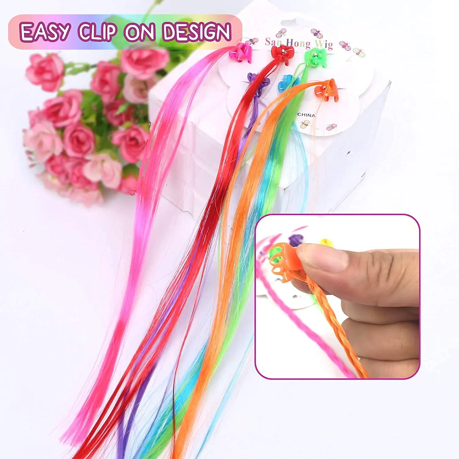 These colorful clip-in hair extensions for girls are made of high-quality nylon and feature secure clips for easy attachment, perfect for adding a fun, vibrant touch to any hairstyle at parties, birthdays, and everyday wear.