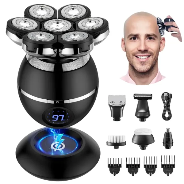 This 6-in-1 electric head shaver and grooming kit for men features a 7D rotary shaver, nose hair trimmer, hair trimmer, facial massage brush, cleaning brush, and body trimmer for a complete and convenient shaving experience.