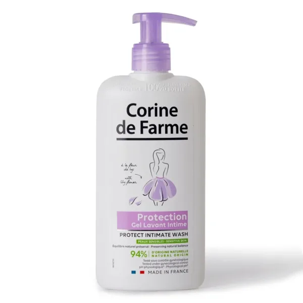This is a bottle of Corine de Farme Intimate Care Gel with Lily Flower, a gentle cleanser for external use that protects and soothes, but should not be used on damaged or irritated skin, and should be rinsed carefully.