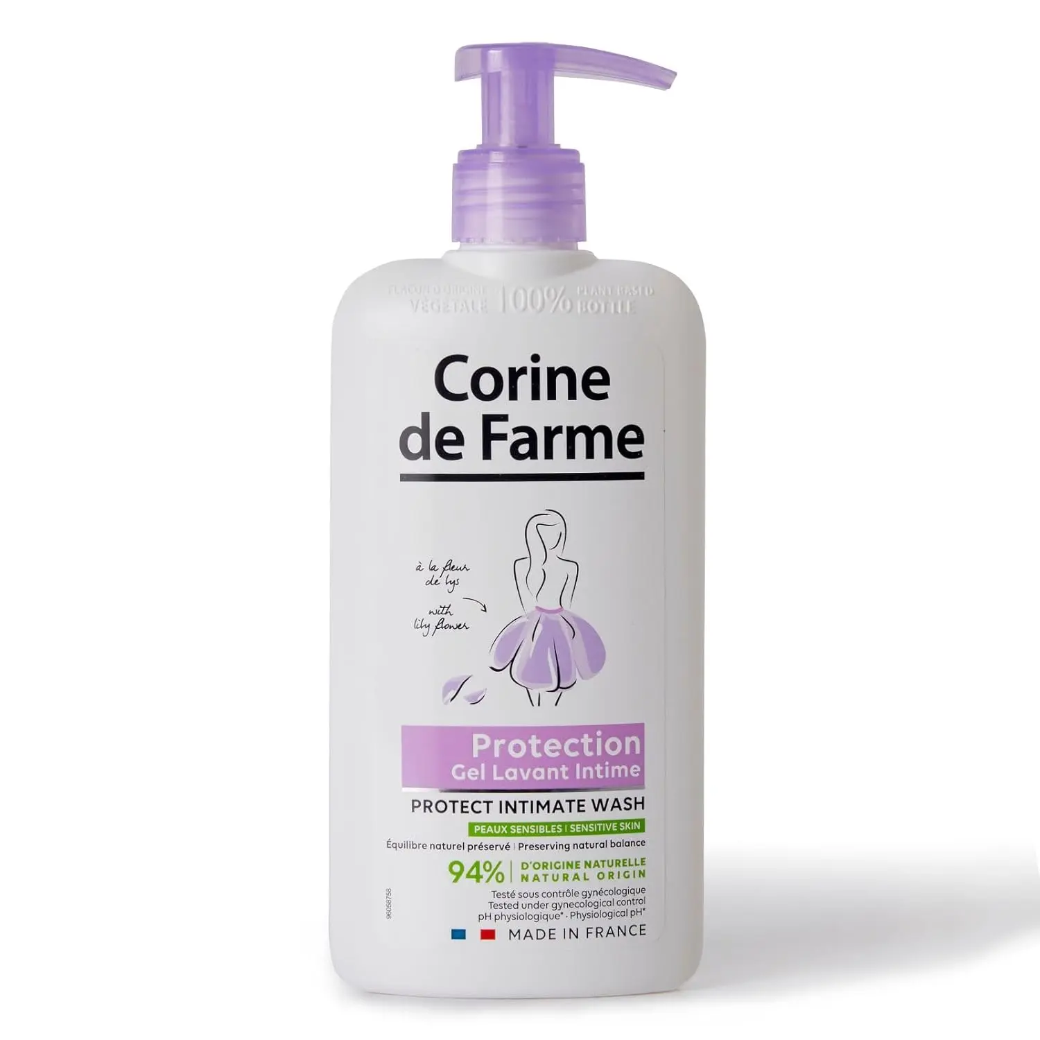 This is a bottle of Corine de Farme Intimate Care Gel with Lily Flower, a gentle cleanser for external use that protects and soothes, but should not be used on damaged or irritated skin, and should be rinsed carefully.