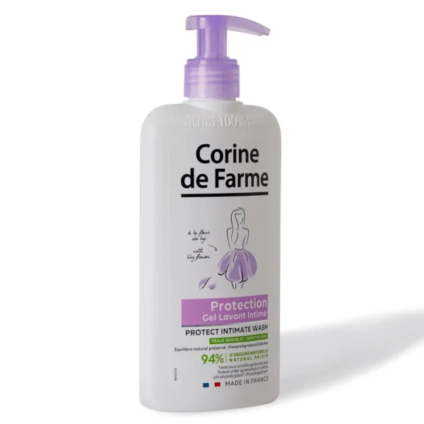 This is a bottle of Corine de Farme Intimate Care Gel with Lily Flower, a gentle cleanser for external use that protects and soothes, but should not be used on damaged or irritated skin, and should be rinsed carefully.