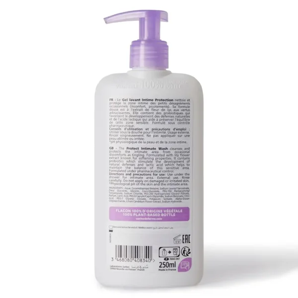 This is a bottle of Corine de Farme Intimate Care Gel with Lily Flower, a gentle cleanser for external use that protects and soothes, but should not be used on damaged or irritated skin, and should be rinsed carefully.