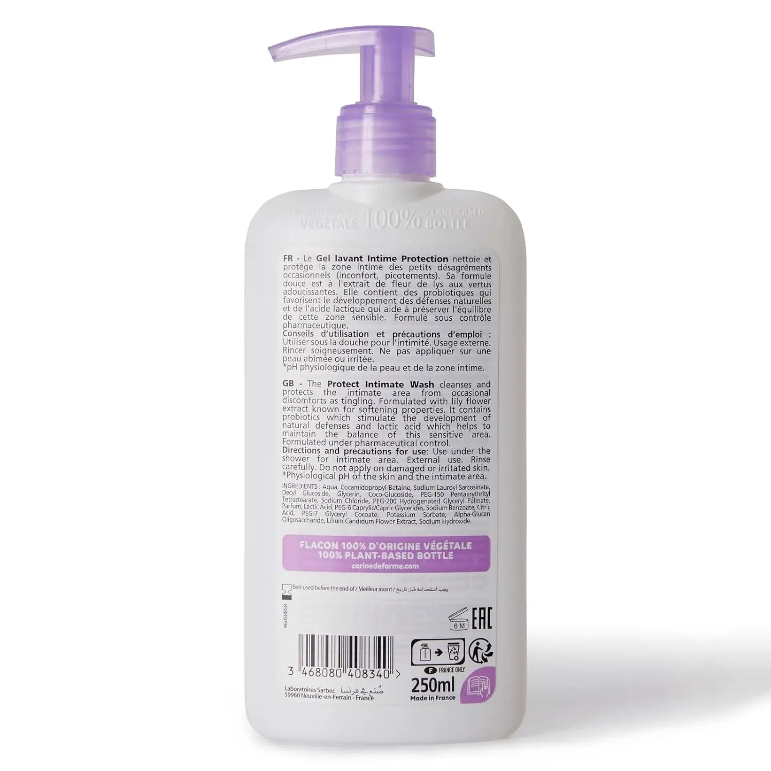 This is a bottle of Corine de Farme Intimate Care Gel with Lily Flower, a gentle cleanser for external use that protects and soothes, but should not be used on damaged or irritated skin, and should be rinsed carefully.