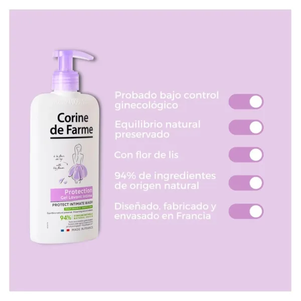 This is a bottle of Corine de Farme Intimate Care Gel with Lily Flower, a gentle cleanser for external use that protects and soothes, but should not be used on damaged or irritated skin, and should be rinsed carefully.