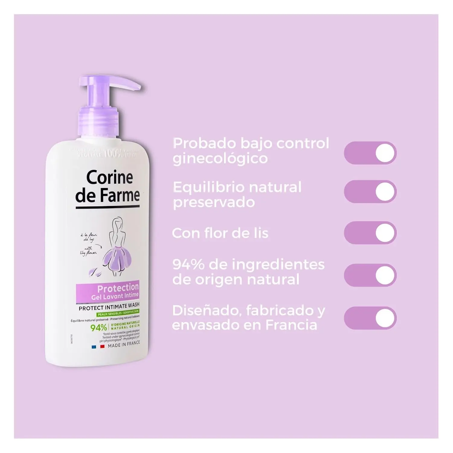 This is a bottle of Corine de Farme Intimate Care Gel with Lily Flower, a gentle cleanser for external use that protects and soothes, but should not be used on damaged or irritated skin, and should be rinsed carefully.