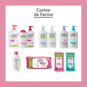 This is a bottle of Corine de Farme Intimate Care Gel with Lily Flower, a gentle cleanser for external use that protects and soothes, but should not be used on damaged or irritated skin, and should be rinsed carefully.