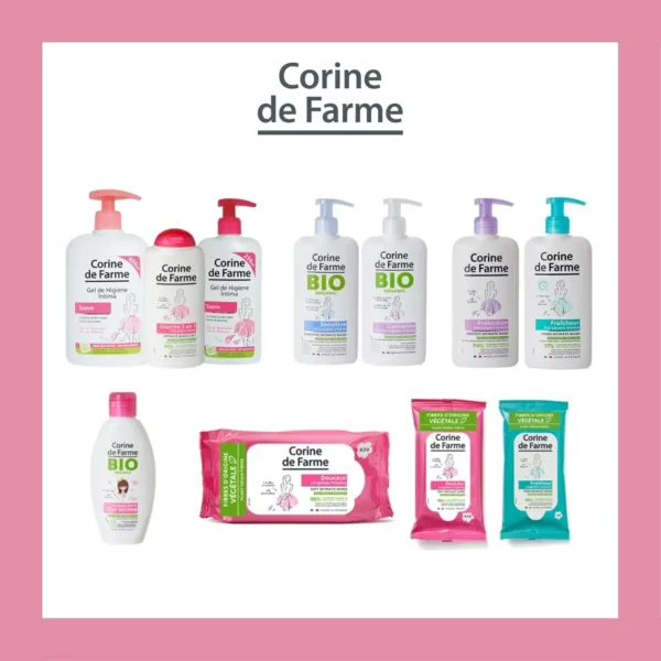 This is a bottle of Corine de Farme Intimate Care Gel with Lily Flower, a gentle cleanser for external use that protects and soothes, but should not be used on damaged or irritated skin, and should be rinsed carefully.