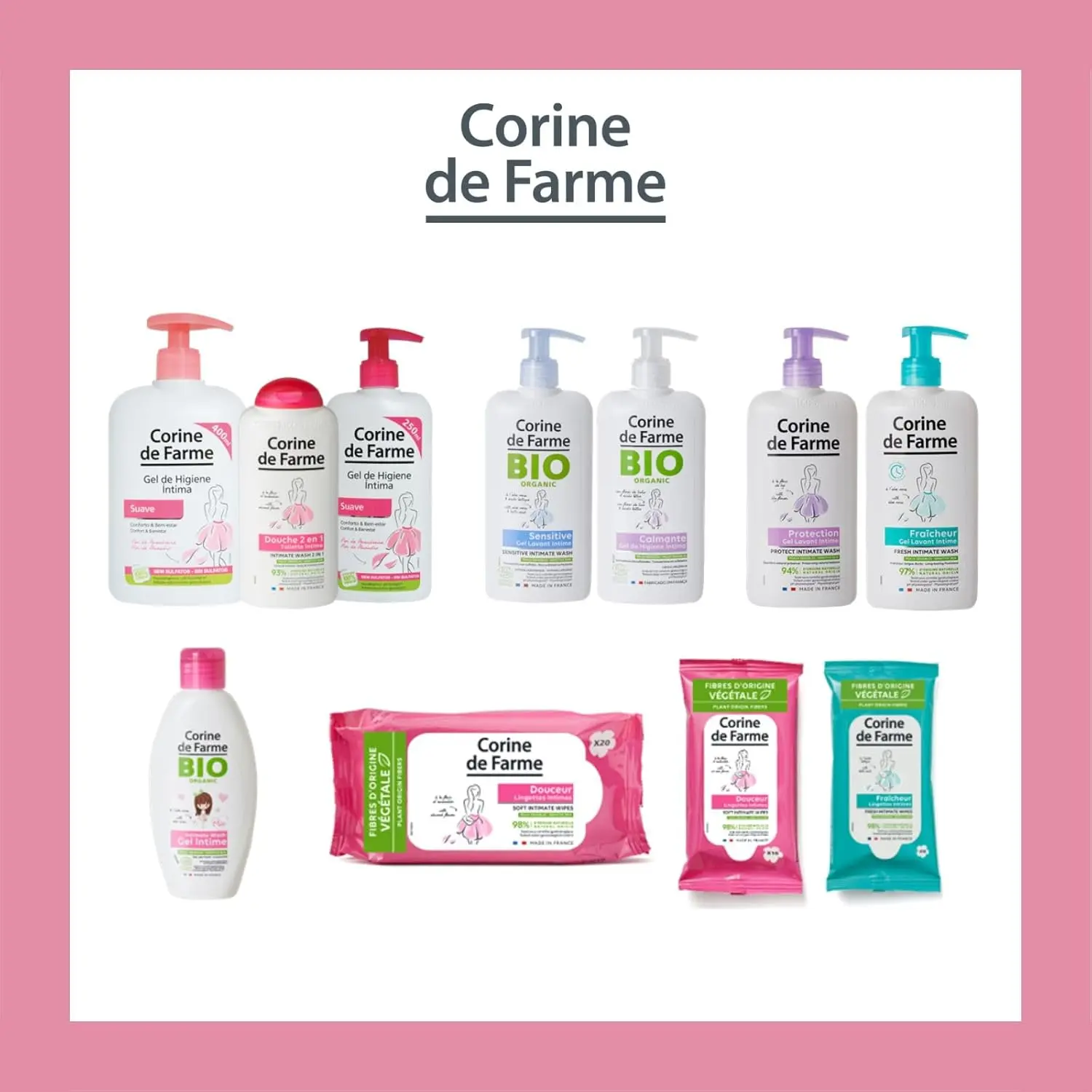 This is a bottle of Corine de Farme Intimate Care Gel with Lily Flower, a gentle cleanser for external use that protects and soothes, but should not be used on damaged or irritated skin, and should be rinsed carefully.