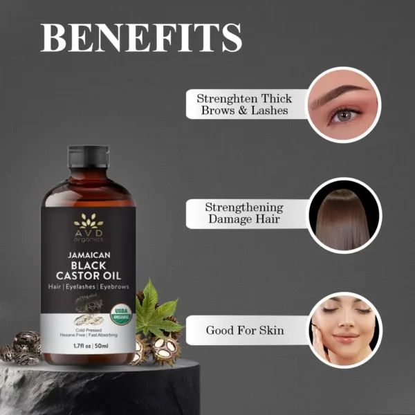 A bottle of AVD Organics Jamaican Black Castor Oil with dropper and lash brush, for moisturizing hair and skin and promoting eyelash and eyebrow growth.