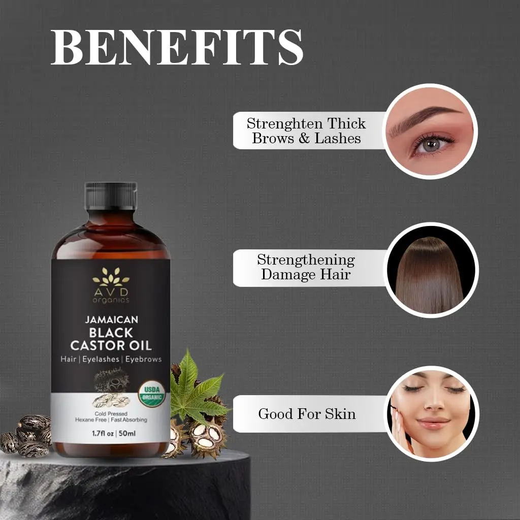 A bottle of AVD Organics Jamaican Black Castor Oil with dropper and lash brush, for moisturizing hair and skin and promoting eyelash and eyebrow growth.