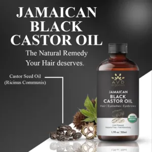 A bottle of AVD Organics Jamaican Black Castor Oil with dropper and lash brush, for moisturizing hair and skin and promoting eyelash and eyebrow growth.