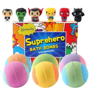 This set features six colorful Beauenty bath bombs for kids, each containing a surprise hero toy inside, making bath time fun and exciting.