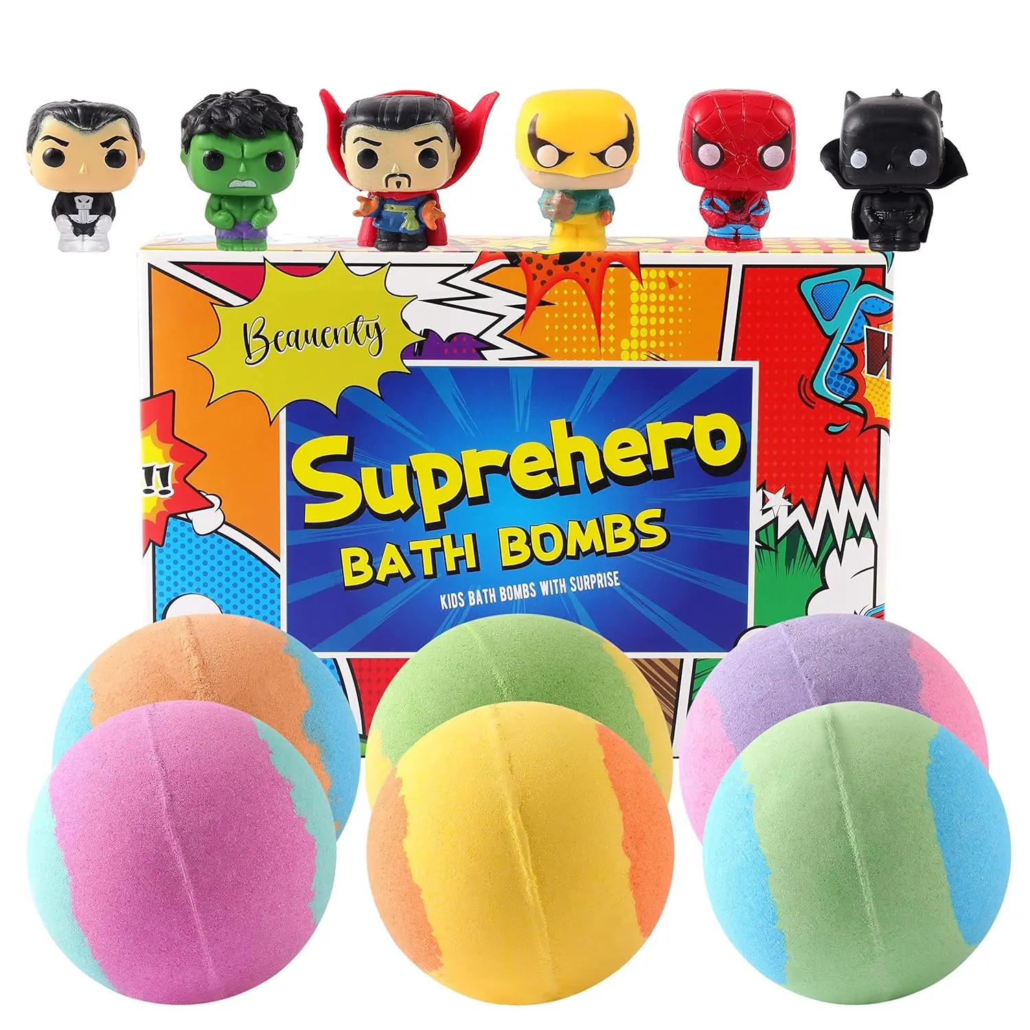 This set features six colorful Beauenty bath bombs for kids, each containing a surprise hero toy inside, making bath time fun and exciting.