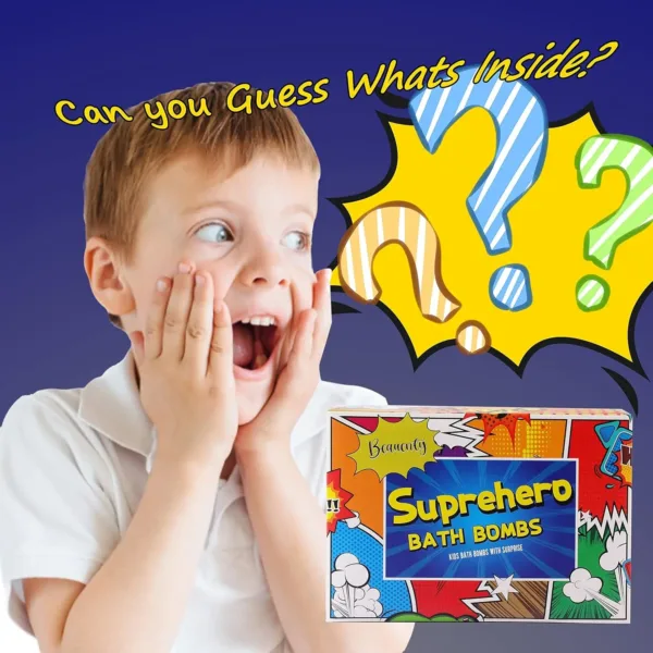 This set features six colorful Beauenty bath bombs for kids, each containing a surprise hero toy inside, making bath time fun and exciting.