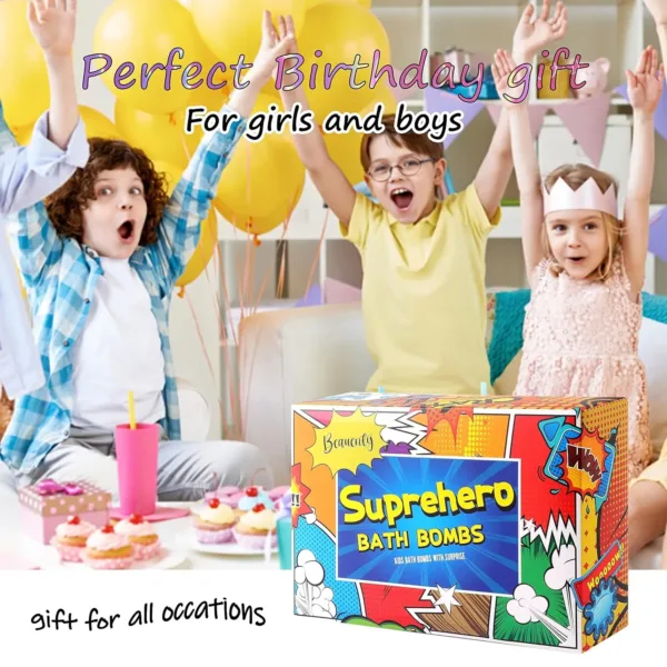 This set features six colorful Beauenty bath bombs for kids, each containing a surprise hero toy inside, making bath time fun and exciting.