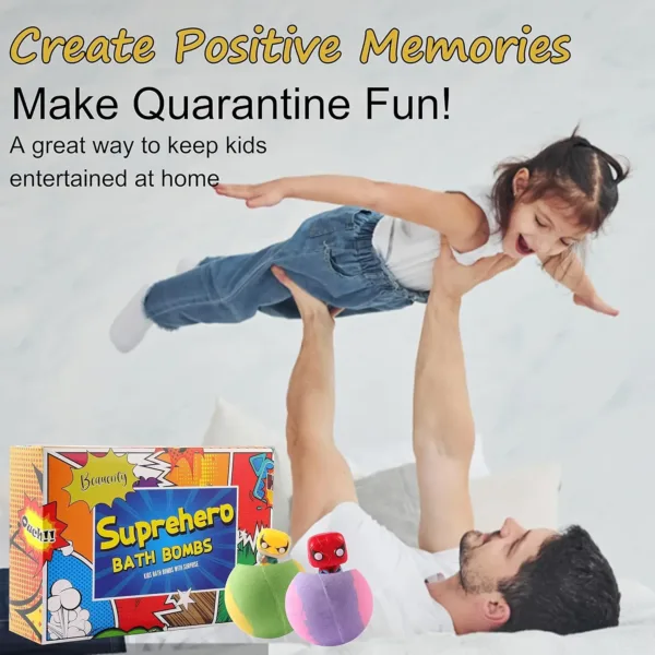 This set features six colorful Beauenty bath bombs for kids, each containing a surprise hero toy inside, making bath time fun and exciting.