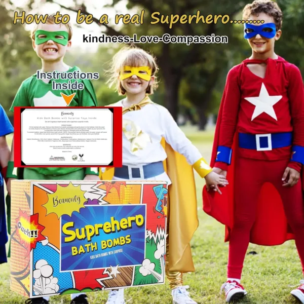 This set features six colorful Beauenty bath bombs for kids, each containing a surprise hero toy inside, making bath time fun and exciting.