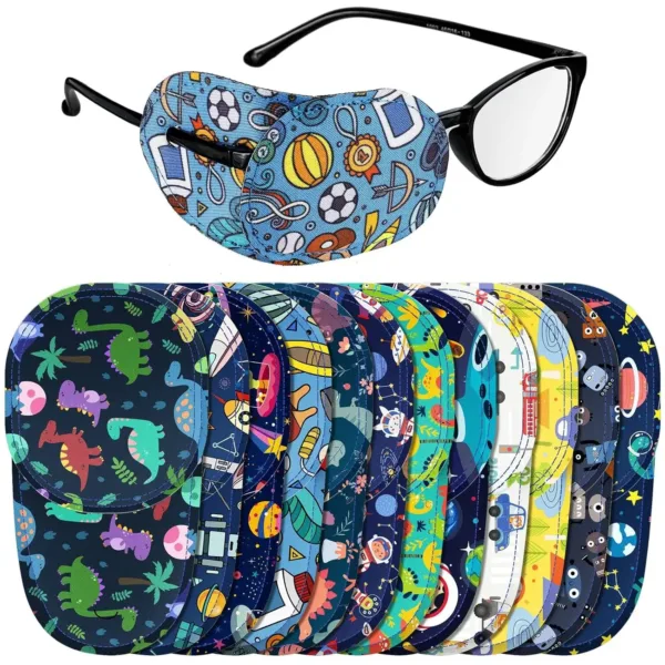 This 12-pack of Newcotte eye patches for kids are made of soft polyester cotton with assorted fun patterns and designed for use with glasses to treat amblyopia in either the left or right eye.