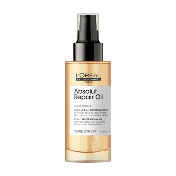 L'Oreal Professionnel Absolut Repair multi-benefit leave in treatment nourishes, resurfaces, detangles, conditions, and protects dry and damaged hair with protein and omega-9 for ultimate repair and shine.