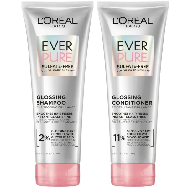 L'Oreal Paris EverPure glossing shampoo and conditioner set with glycolic acid for color treated hair, delivering lasting shine and smoothness.