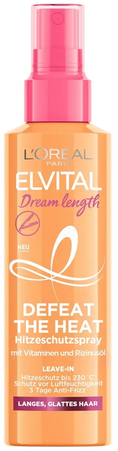 L'Oréal Paris Elvital Dream Length Defeat The Heat spray protects hair from heat damage up to 230°C, reduces frizz, detangles, and adds shine for long, smooth hair with vitamins and castor oil.
