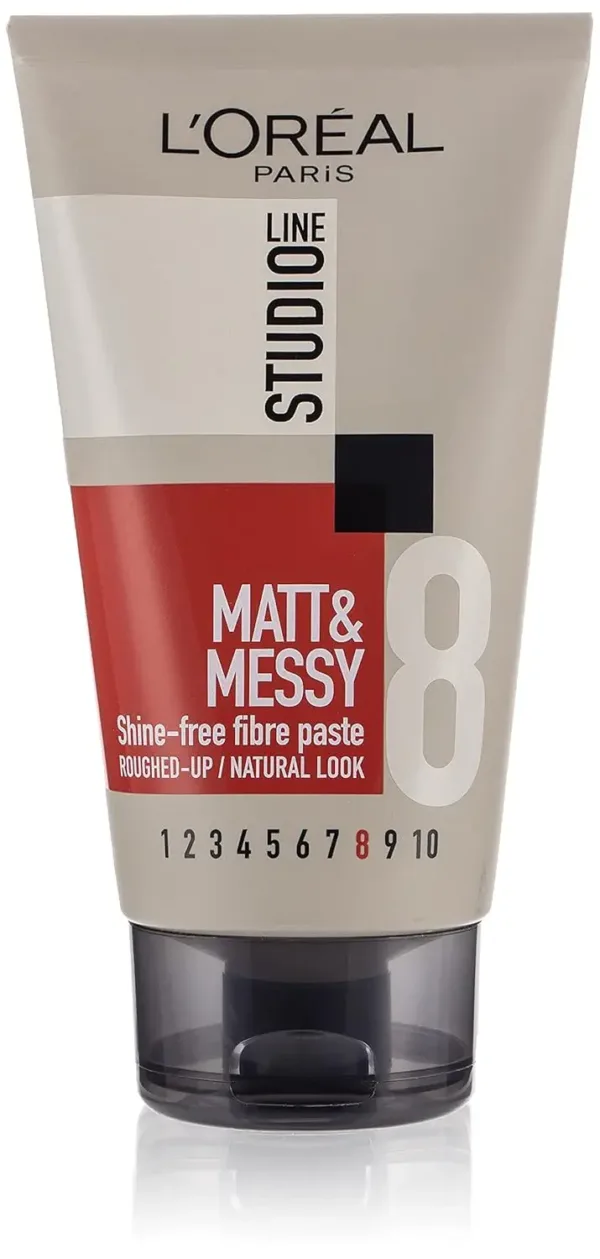 A jar of L'Oreal Paris Studio Line Matt Messy Hair Rough Paste that provides a roughed-up, natural look with a non-greasy formula and matt finish for styling damp or dry hair.
