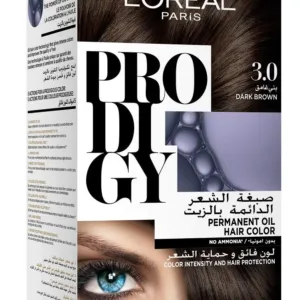 A box of L'Oreal Paris Prodigy 3.0 Dark Brown hair color promising long-lasting, ammonia-free, oil-infused vibrant color and 100% gray coverage for radiant shine.