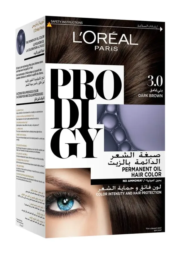 A box of L'Oreal Paris Prodigy 3.0 Dark Brown hair color promising long-lasting, ammonia-free, oil-infused vibrant color and 100% gray coverage for radiant shine.