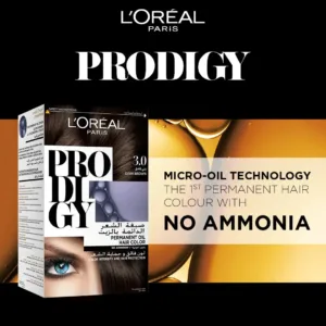 A box of L'Oreal Paris Prodigy 3.0 Dark Brown hair color promising long-lasting, ammonia-free, oil-infused vibrant color and 100% gray coverage for radiant shine.